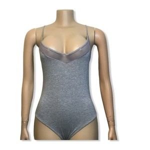 Style Angeles Bodysuit Gray full bottom Mesh upper V neck Ribbed size M